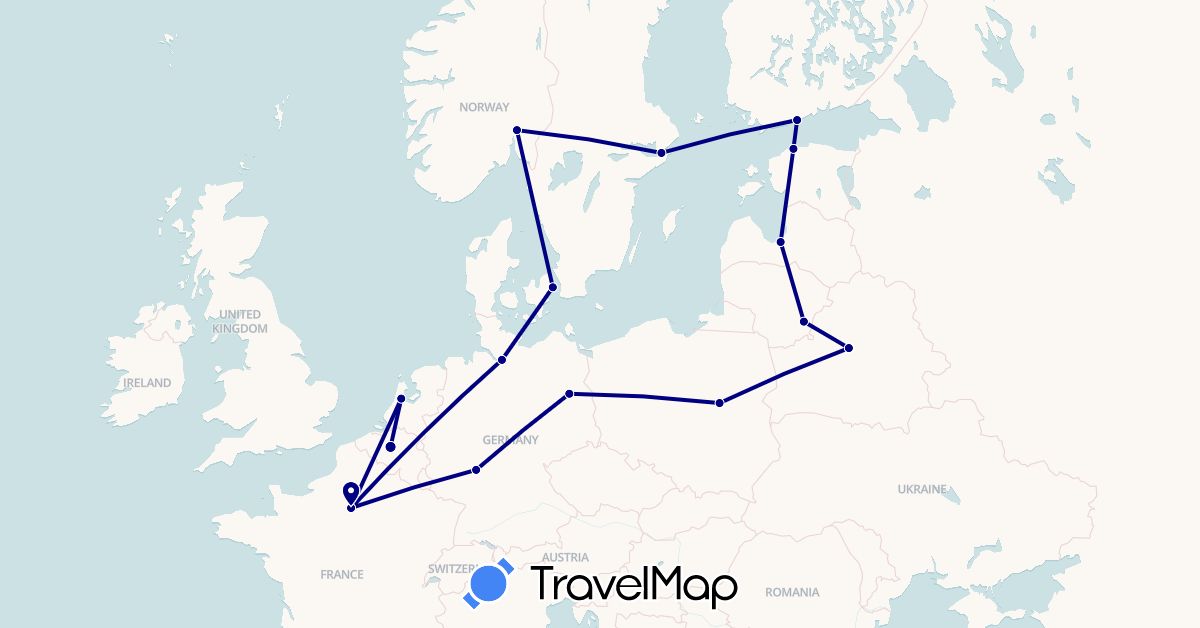TravelMap itinerary: driving in Belgium, Belarus, Germany, Denmark, Estonia, Finland, France, Lithuania, Latvia, Netherlands, Norway, Poland, Sweden (Europe)