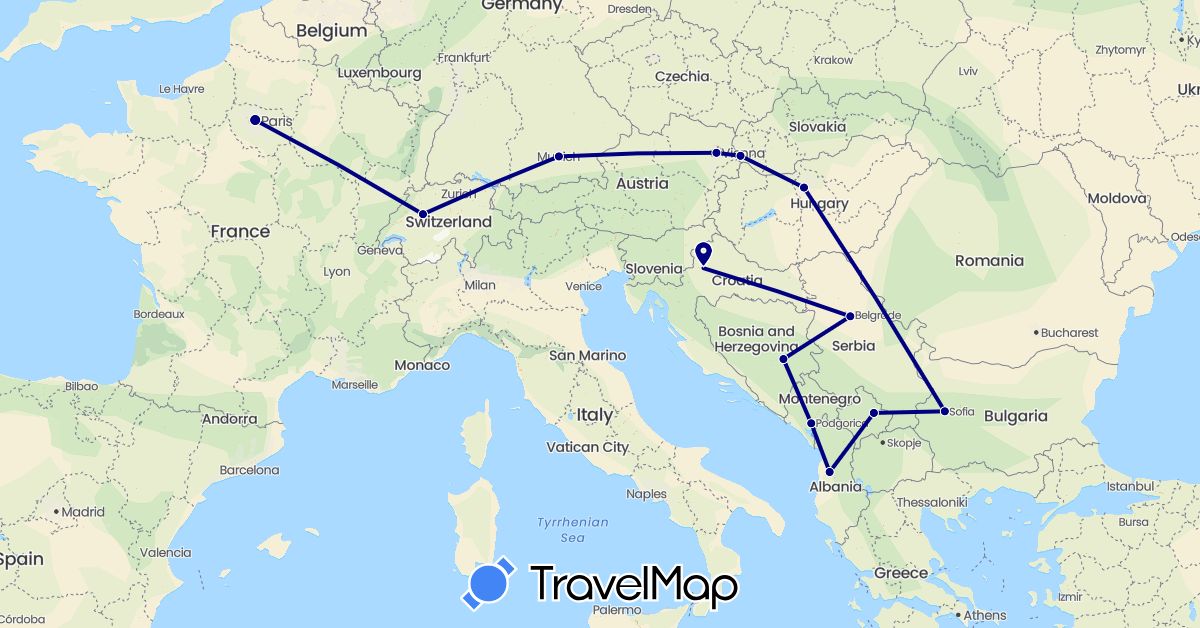 TravelMap itinerary: driving in Albania, Austria, Bosnia and Herzegovina, Bulgaria, Switzerland, Germany, France, Croatia, Hungary, Montenegro, Serbia, Slovakia (Europe)